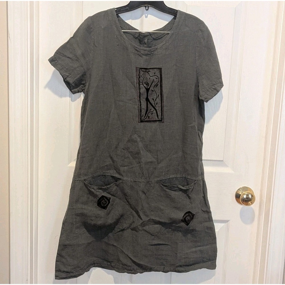 Artisan Lagenlook 100% Linen Tunic Dress S Charcoal Gray Abstract Art Pockets